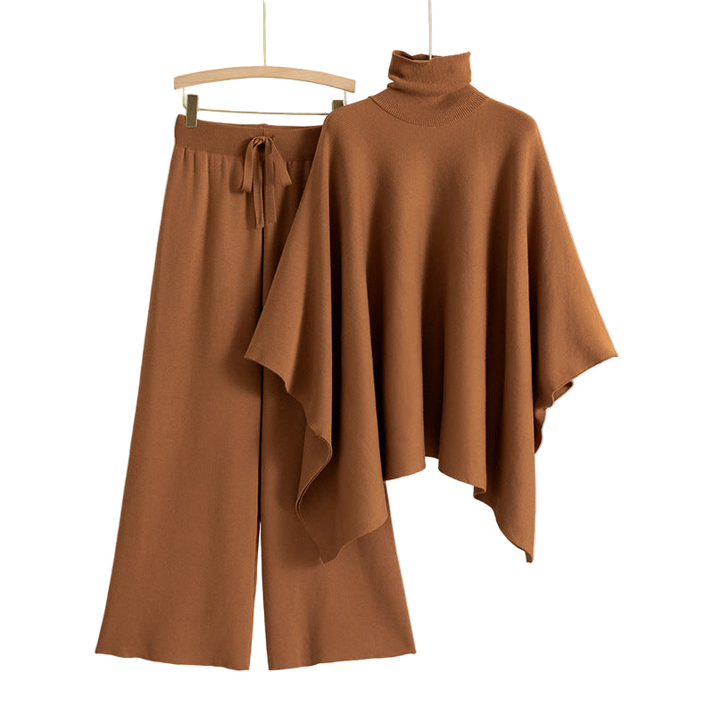 Turtleneck Cape Knitted Wide-leg Pants Elegant Outfit