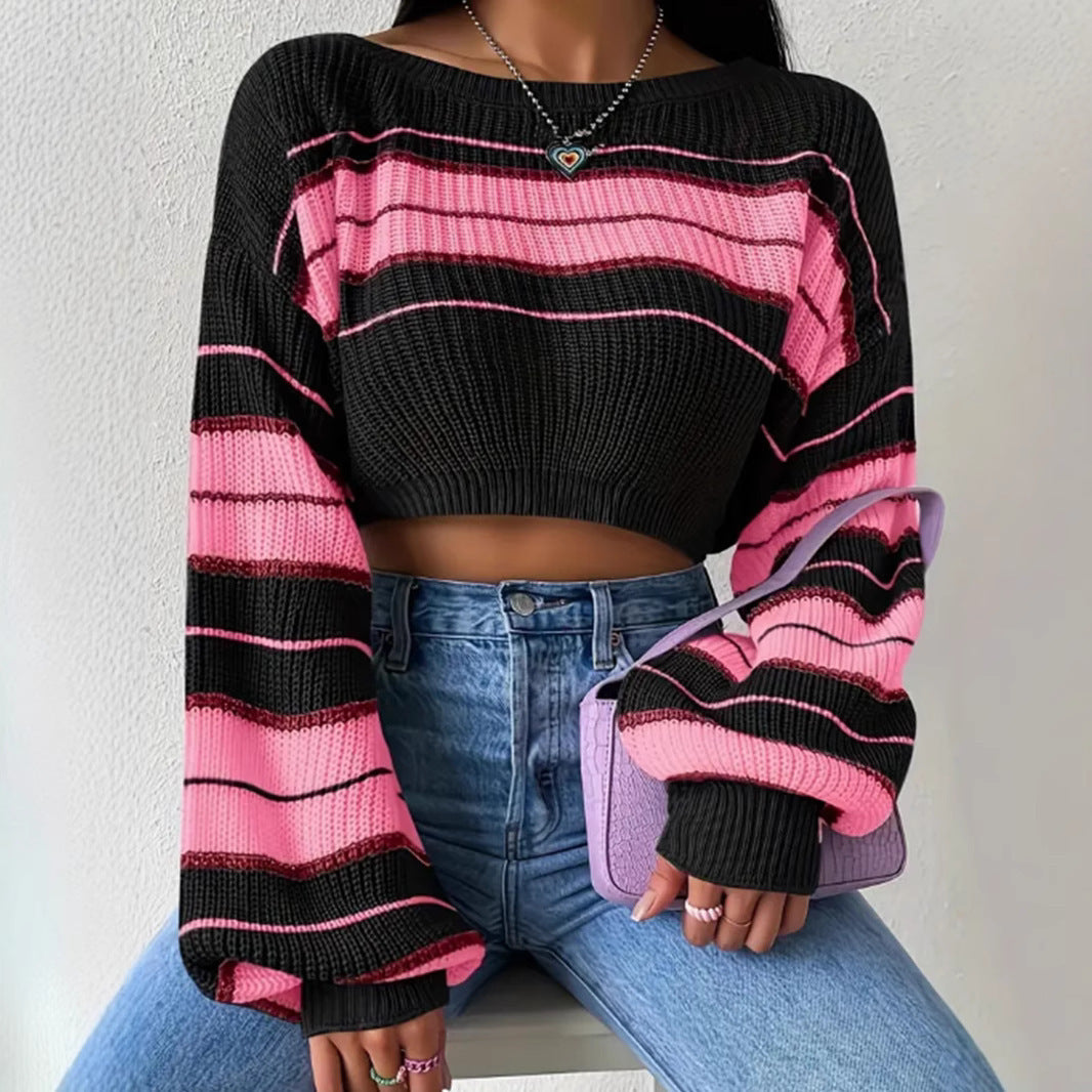 Knitted Contrast Color Striped Loose All-match Long Sleeve