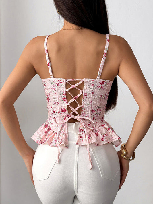 Women’s Pink Floral Ruffled Backless Lace-Up Light & Sexy Summer Blouse