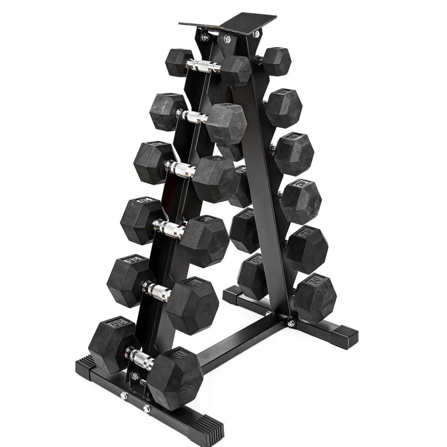 Hex Dumbbells 6 Tier Rack with or without Weights & Bench – Vertical Dumbbell Storage Stand for Home Gym (2.5kg–30kg)