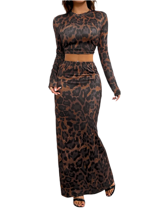 Leopard Round Neck Top and Skirt Set