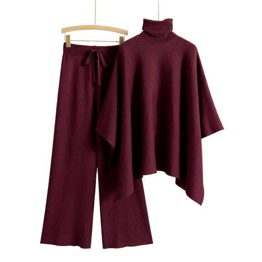 Turtleneck Cape Knitted Wide-leg Pants Elegant Outfit