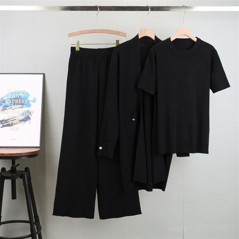Elegant Knitted Mid-length Cardigan Coat Wide Leg Pants Three-piece Set