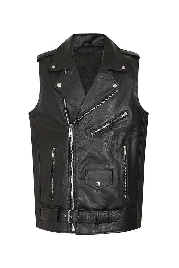 Men's Leather Biker Vest with Zipper, Belted Waist | Black - The Rising Fenix