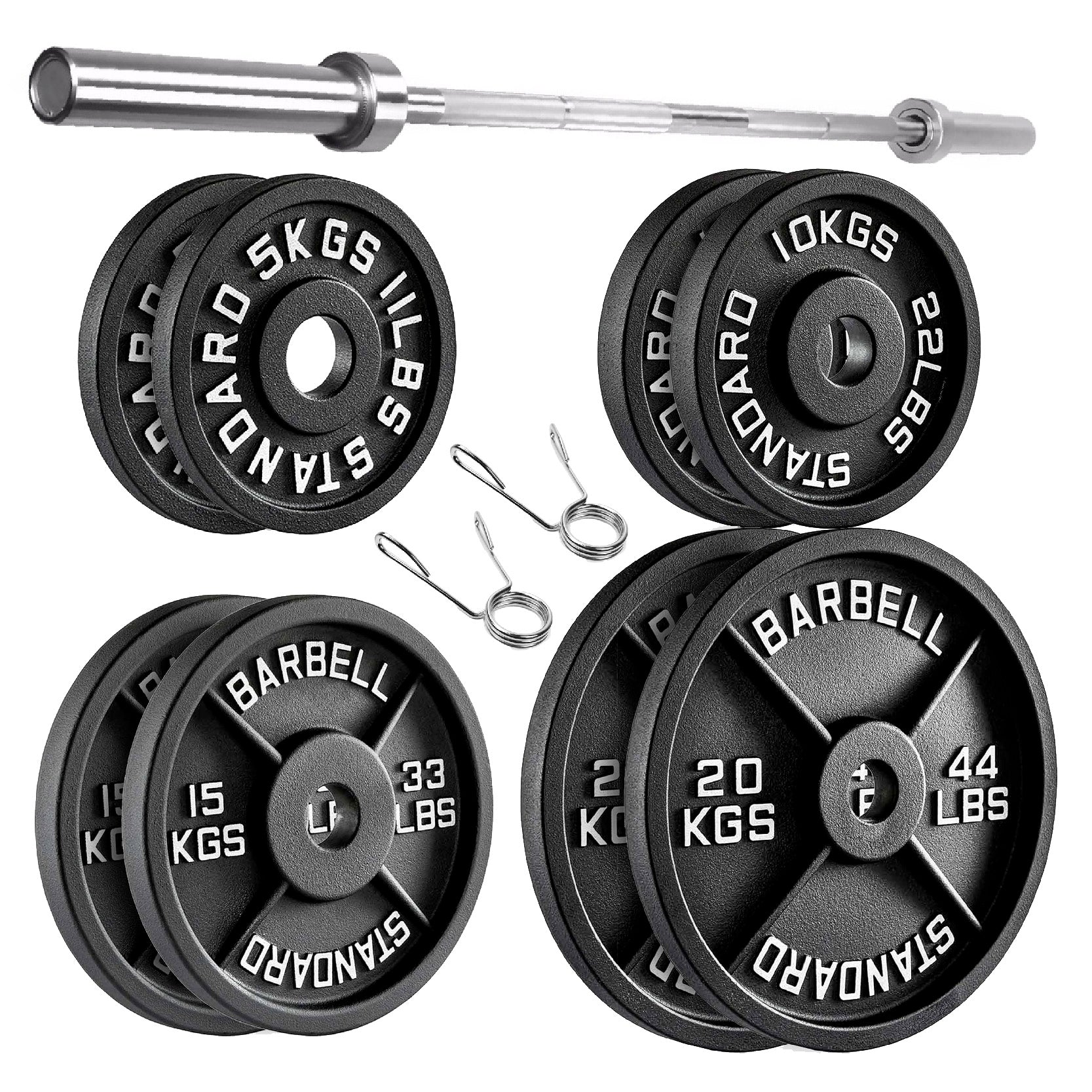 Cast Iron Weight Plates Set and Pair with Olympic Barbell + Clips