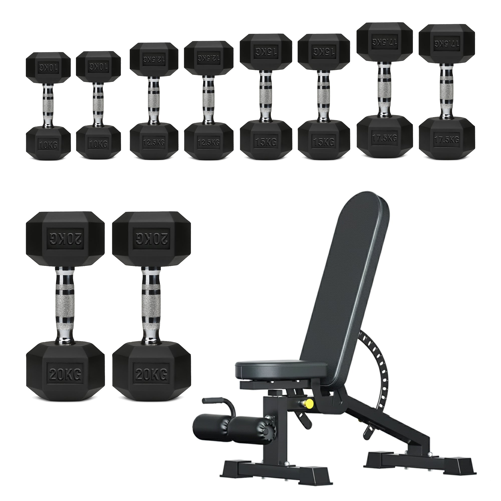 Hex Dumbbells 5 Tier Rack with or without Weights & Bench – Vertical Dumbbell Storage Stand for Home Gym