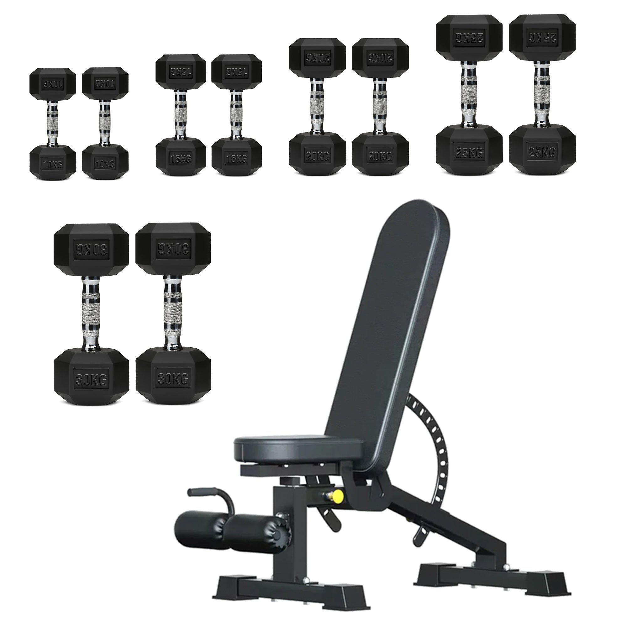 Hex Dumbbells 5 Tier Rack with or without Weights & Bench – Vertical Dumbbell Storage Stand for Home Gym