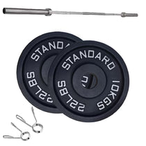 Cast Iron Weight Plates Set and Pair with Olympic Barbell + Clips