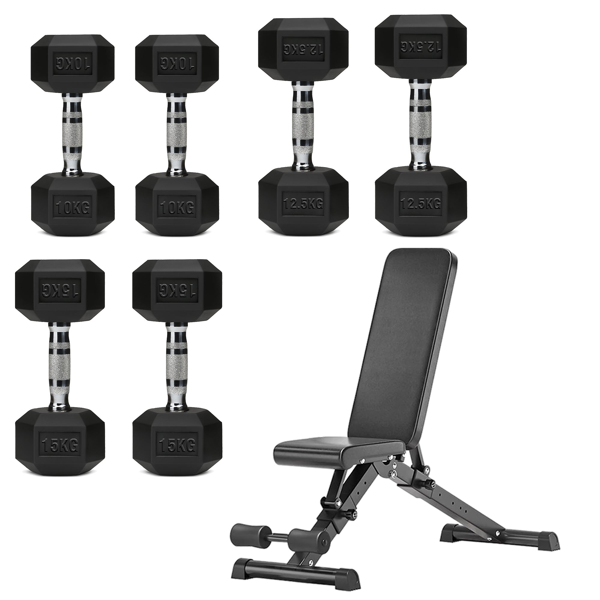 Hex Dumbbell Set with 3-Tier Tree Rack & Optional Bench – Rubber Coated Anti-Roll Weights for Home Gym