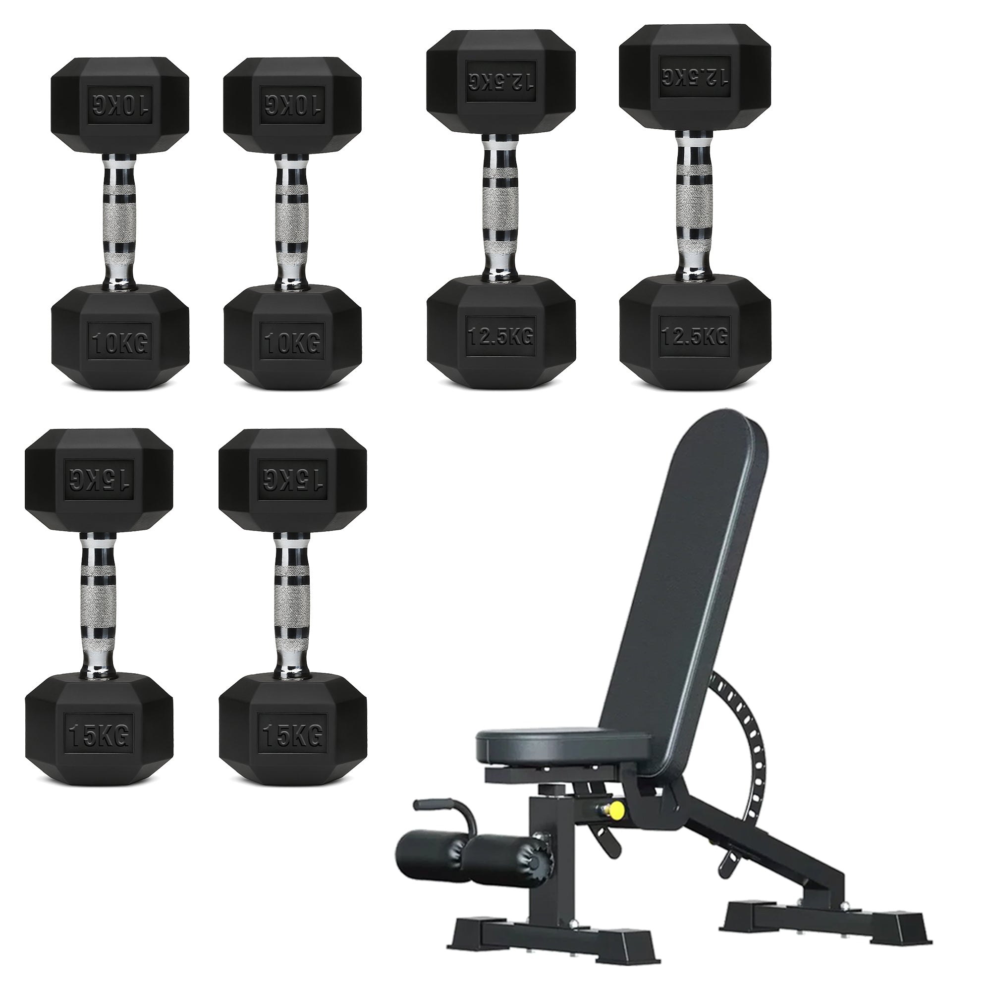 Hex Dumbbell Set with 3-Tier Tree Rack & Optional Bench – Rubber Coated Anti-Roll Weights for Home Gym