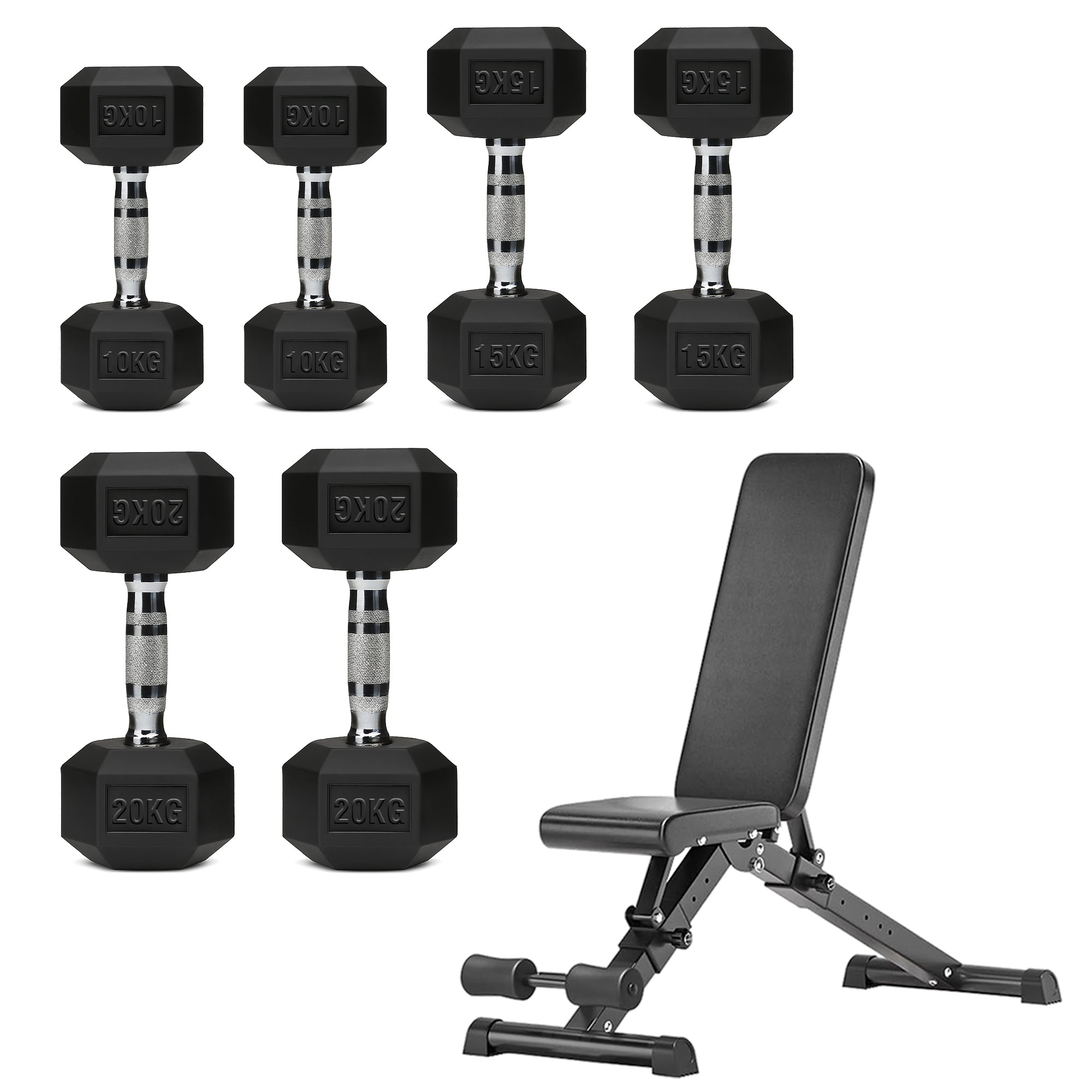 Hex Dumbbell Set with 3-Tier Tree Rack & Optional Bench – Rubber Coated Anti-Roll Weights for Home Gym