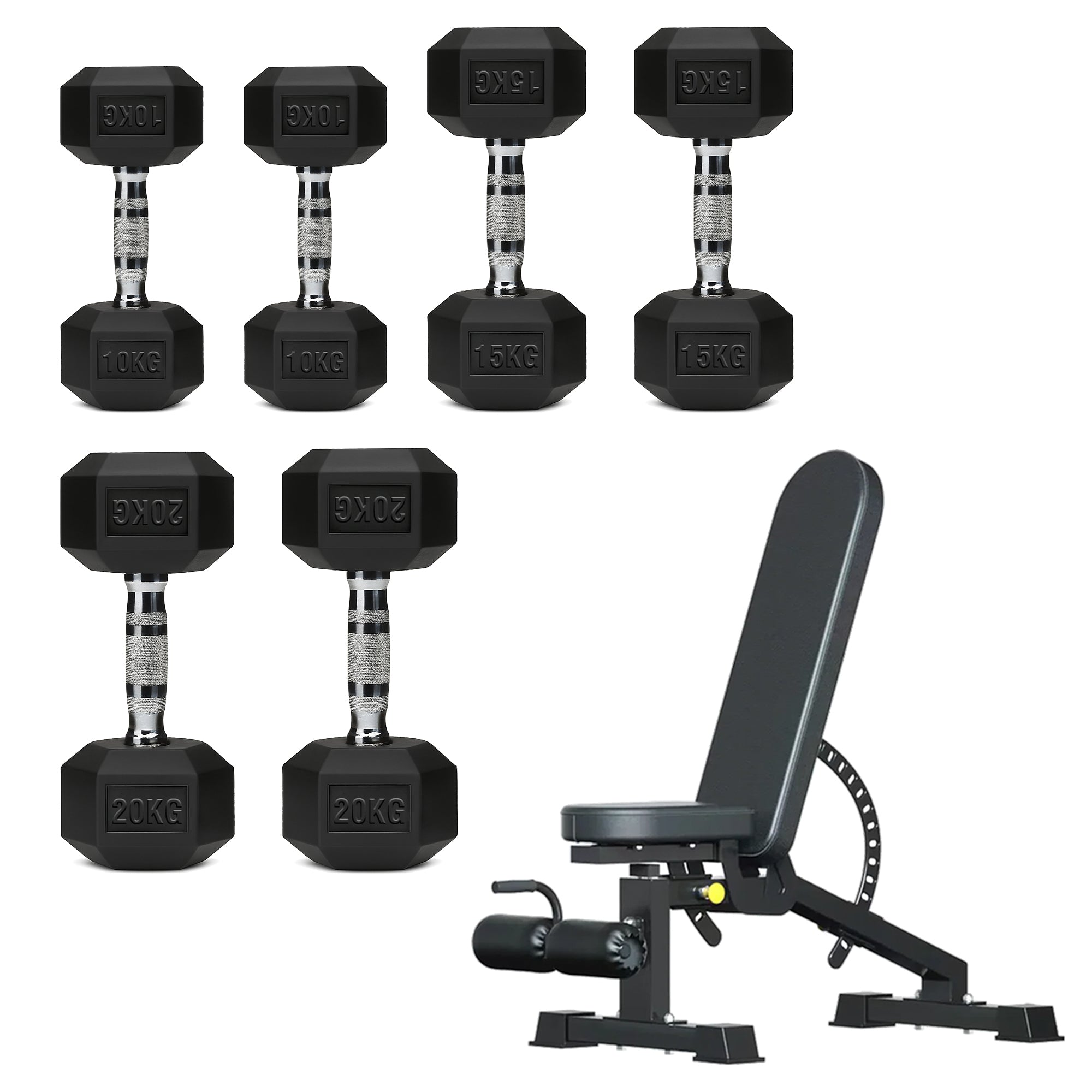 Hex Dumbbell Set with 3-Tier Tree Rack & Optional Bench – Rubber Coated Anti-Roll Weights for Home Gym