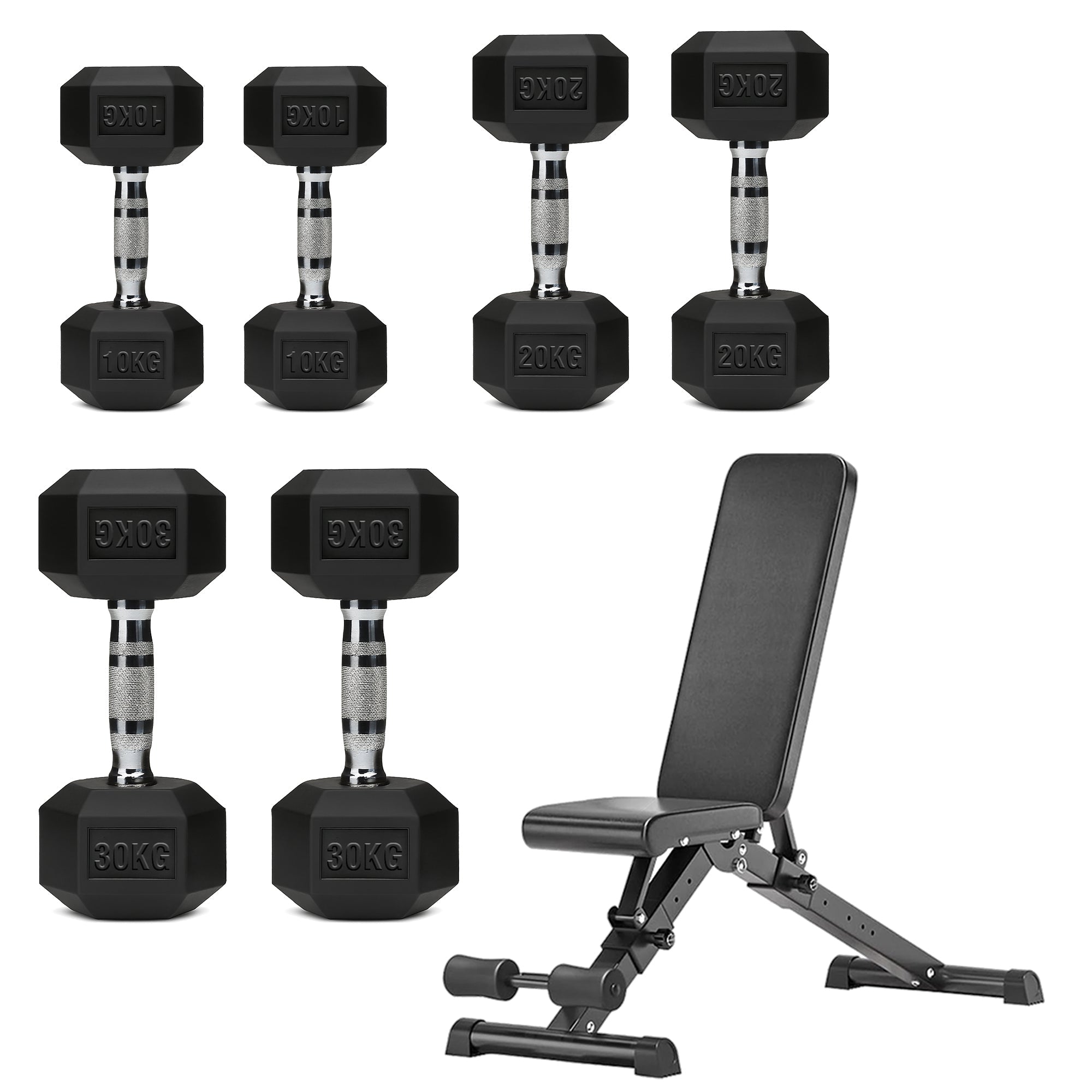 Hex Dumbbell Set with 3-Tier Tree Rack & Optional Bench – Rubber Coated Anti-Roll Weights for Home Gym