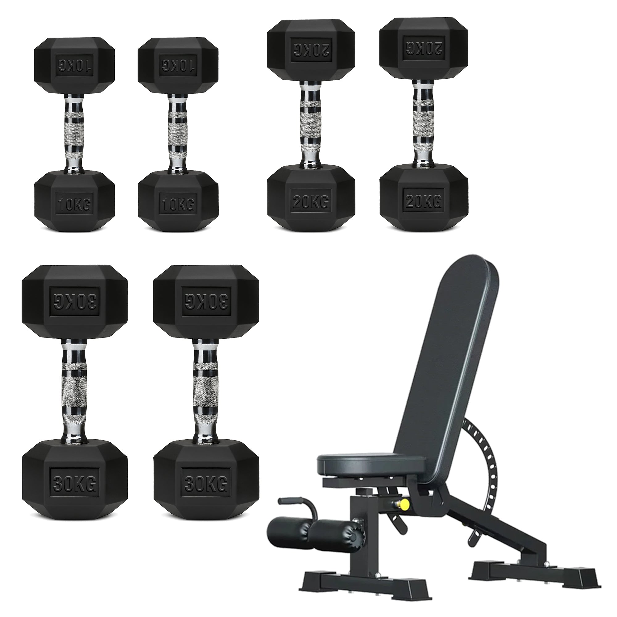 Hex Dumbbell Set with 3-Tier Tree Rack & Optional Bench – Rubber Coated Anti-Roll Weights for Home Gym