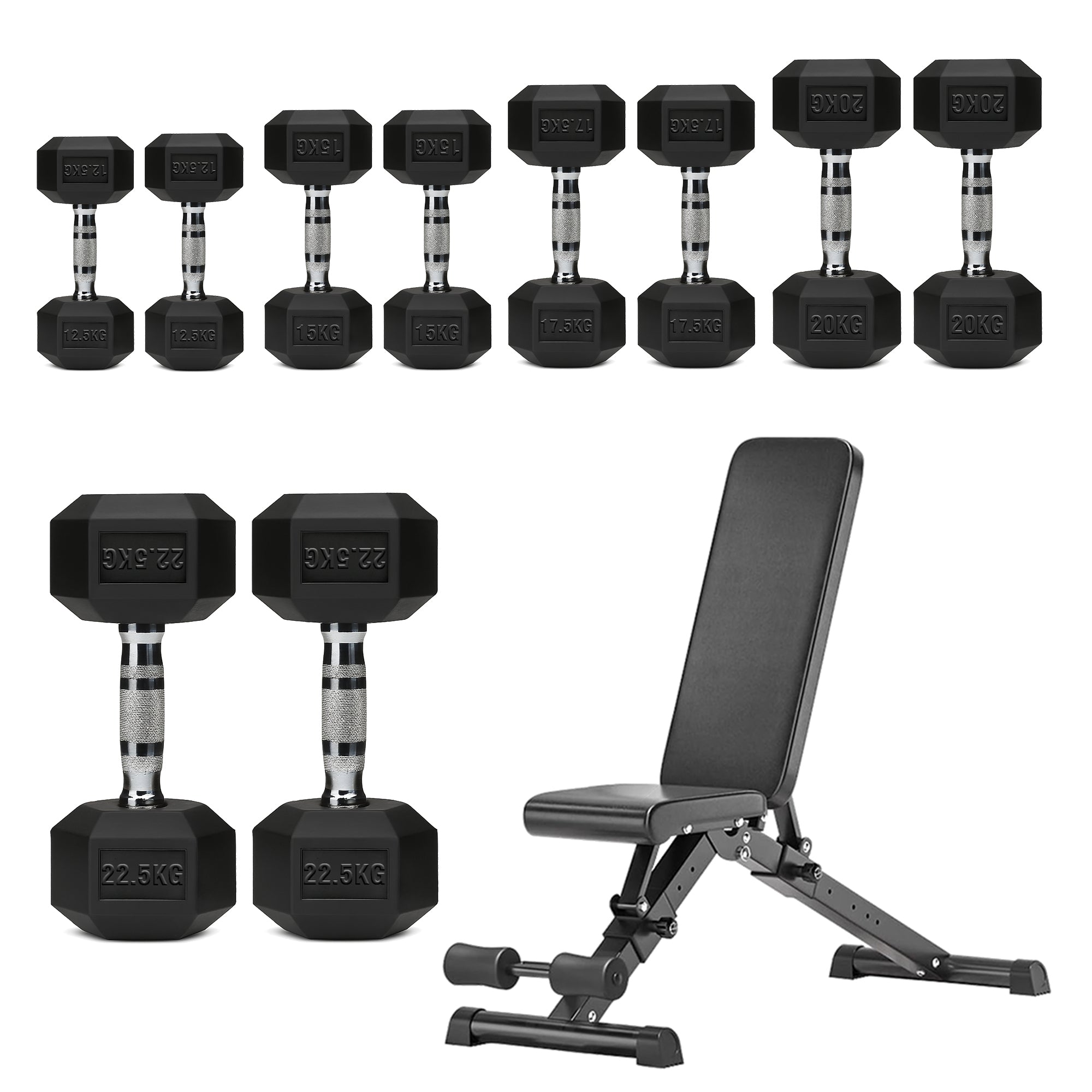 Hex Dumbbells 5 Tier Rack with or without Weights & Bench – Vertical Dumbbell Storage Stand for Home Gym