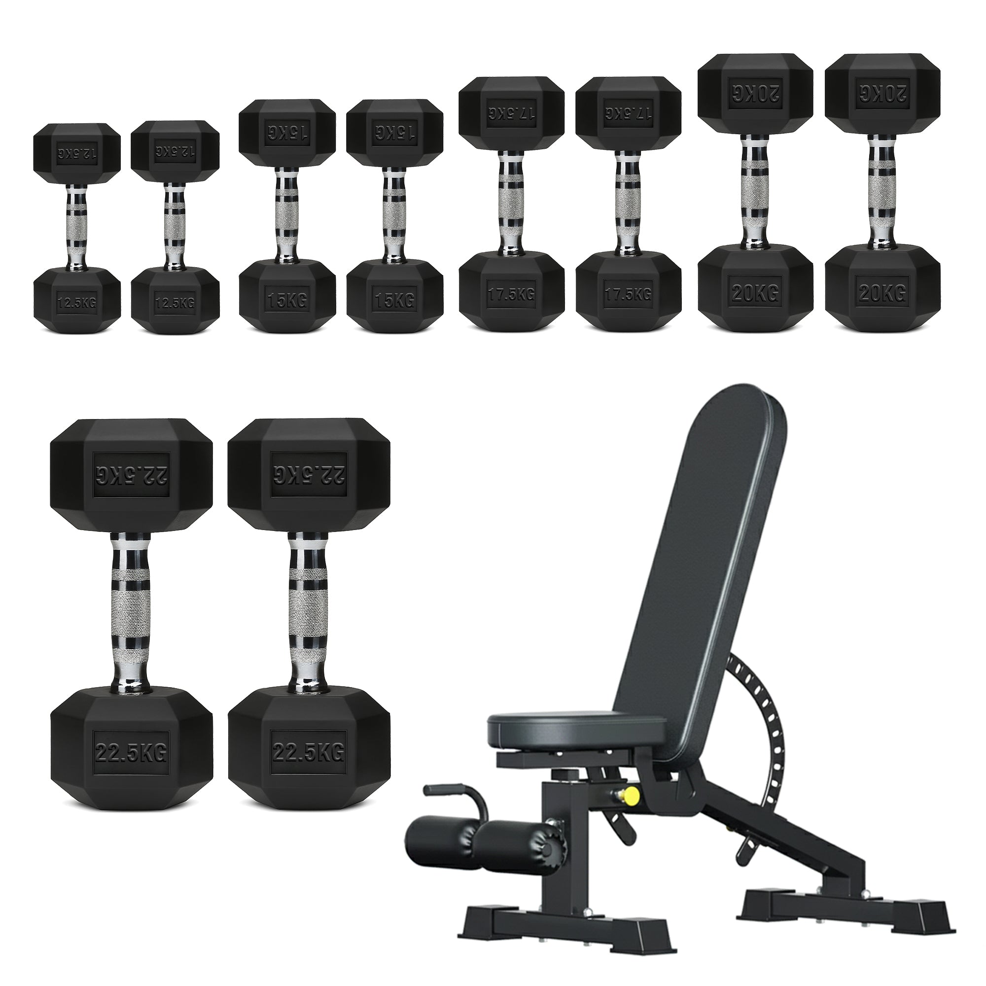 Hex Dumbbells 5 Tier Rack with or without Weights & Bench – Vertical Dumbbell Storage Stand for Home Gym