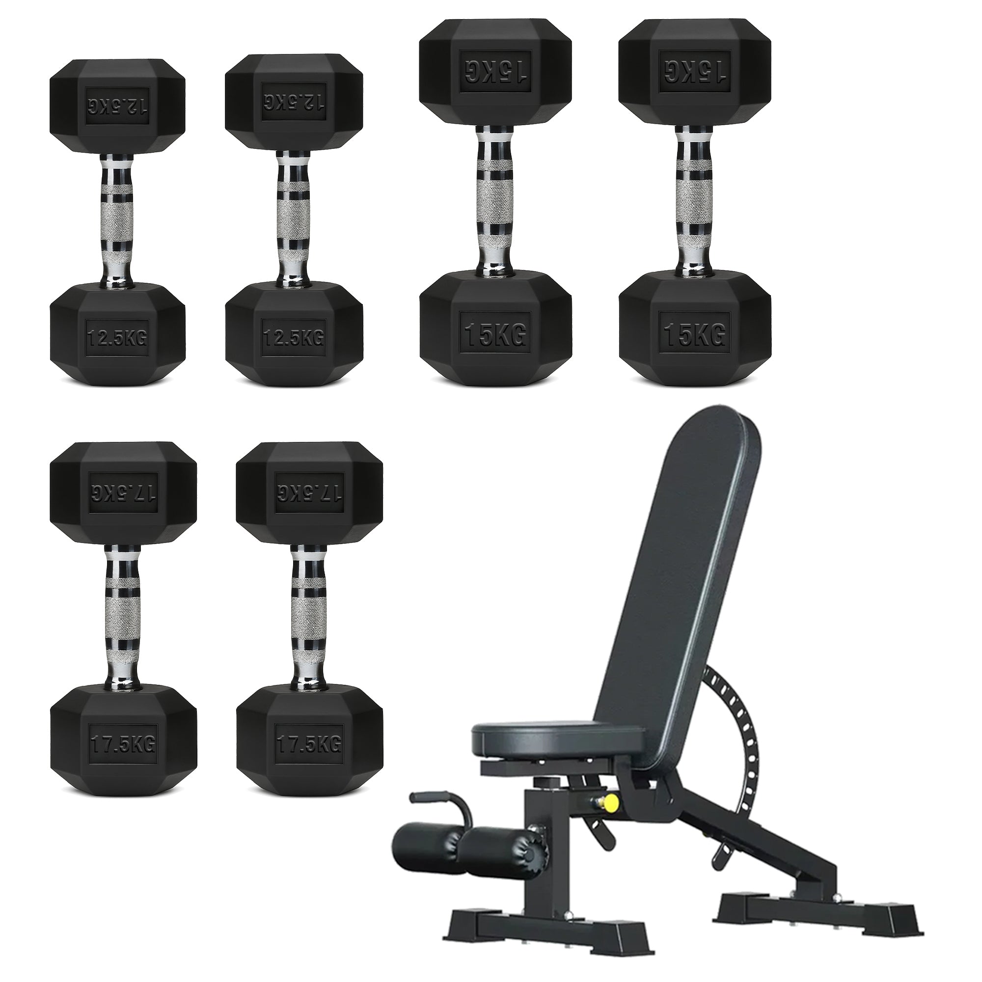 Hex Dumbbell Set with 3-Tier Tree Rack & Optional Bench – Rubber Coated Anti-Roll Weights for Home Gym