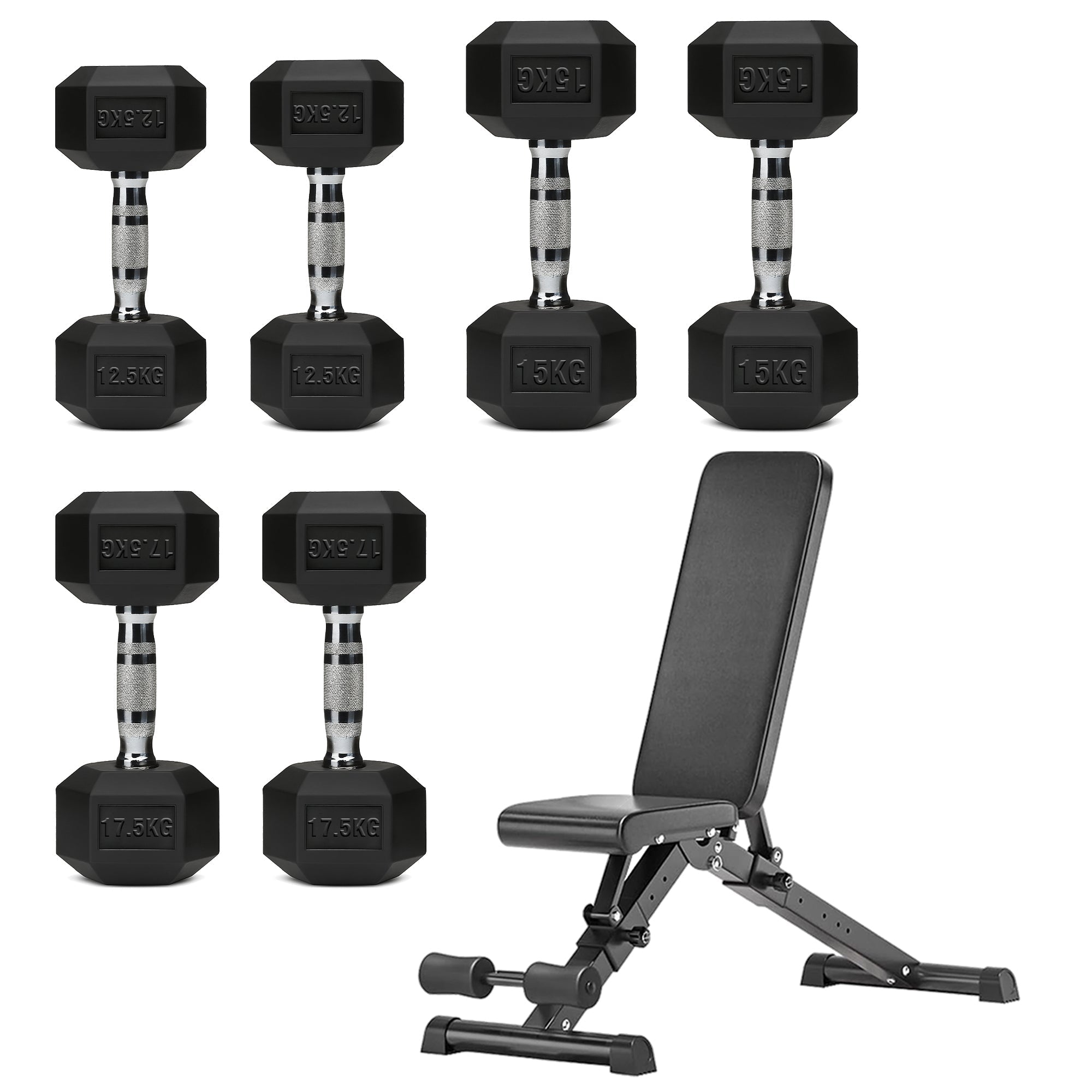 Hex Dumbbell Set with 3-Tier Tree Rack & Optional Bench – Rubber Coated Anti-Roll Weights for Home Gym
