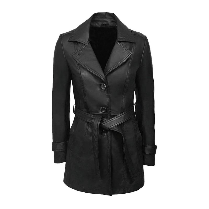 Women's 3/4 Length Leather Coat | Black - The Rising Fenix