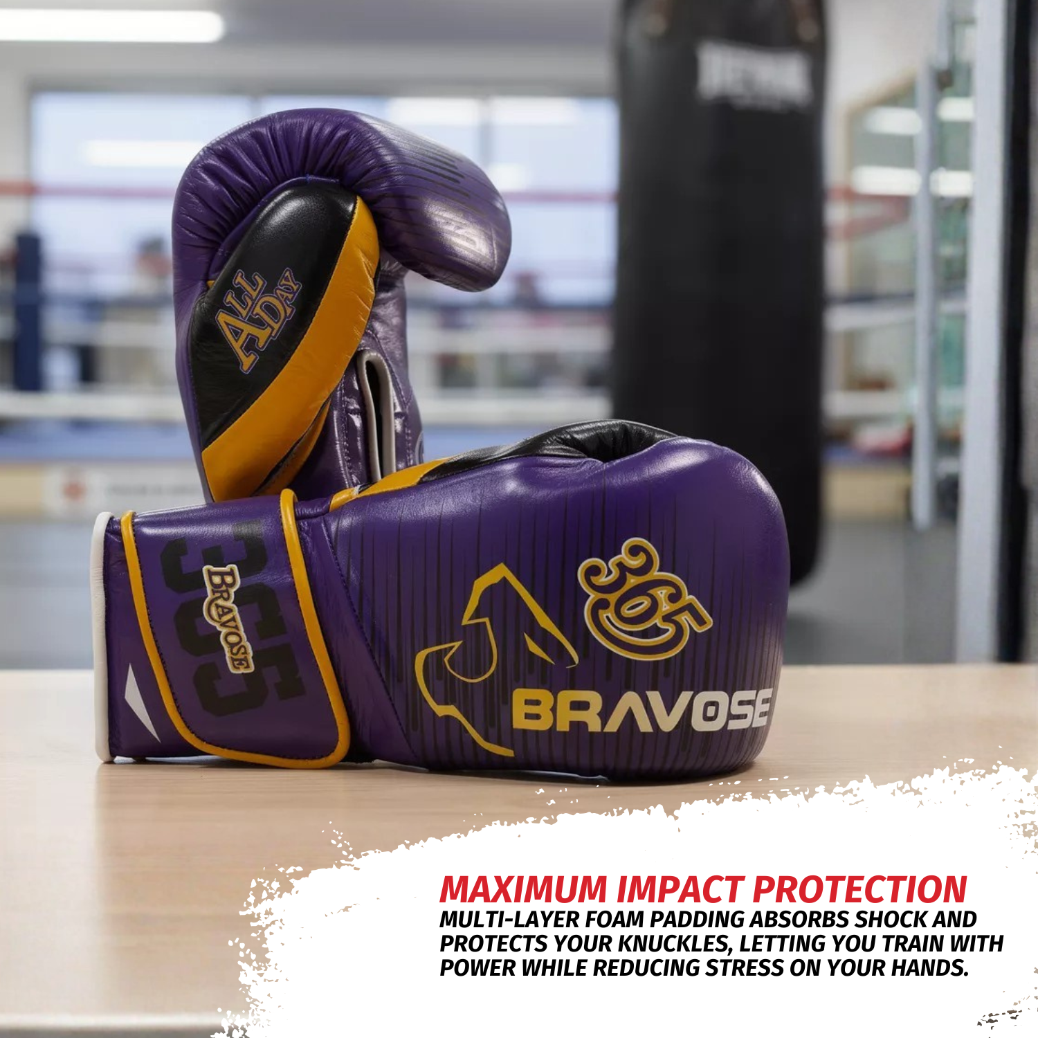 Bravose Limited Edition 16oz Velcro Boxing Gloves – “ALL DAY, EVERY DAY” Purple & Yellow