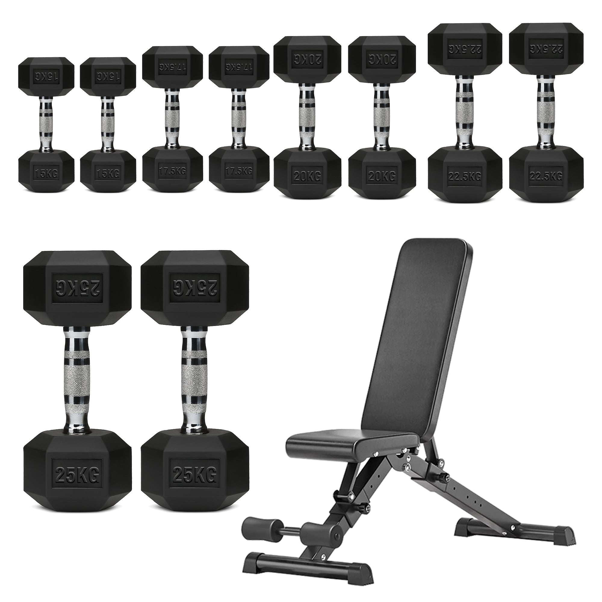 Hex Dumbbells 5 Tier Rack with or without Weights & Bench – Vertical Dumbbell Storage Stand for Home Gym