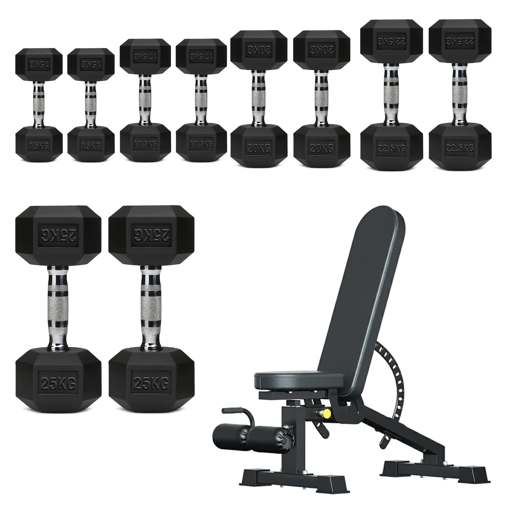 Hex Dumbbells 5 Tier Rack with or without Weights & Bench – Vertical Dumbbell Storage Stand for Home Gym