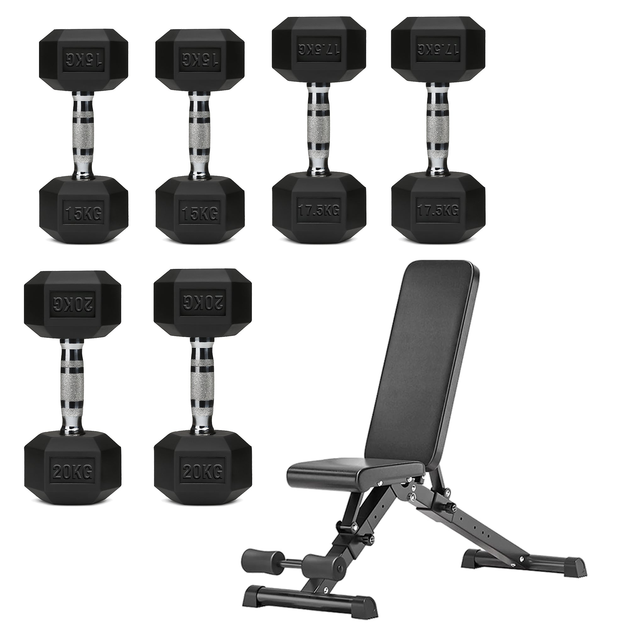 Hex Dumbbell Set with 3-Tier Tree Rack & Optional Bench – Rubber Coated Anti-Roll Weights for Home Gym