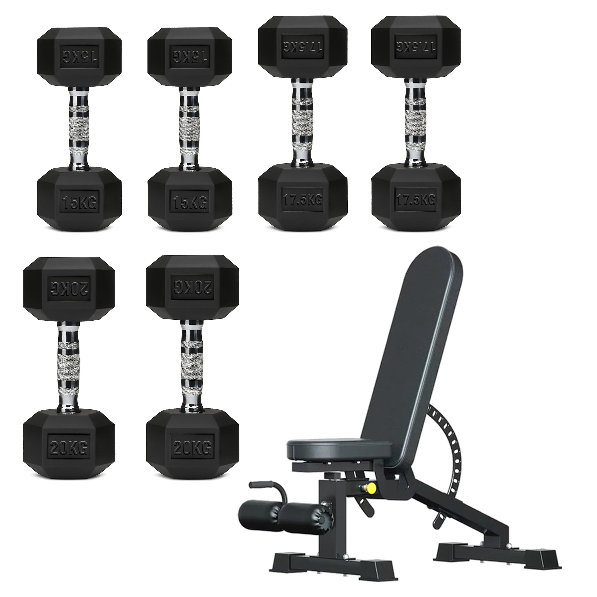 Hex Dumbbell Set with 3-Tier Tree Rack & Optional Bench – Rubber Coated Anti-Roll Weights for Home Gym