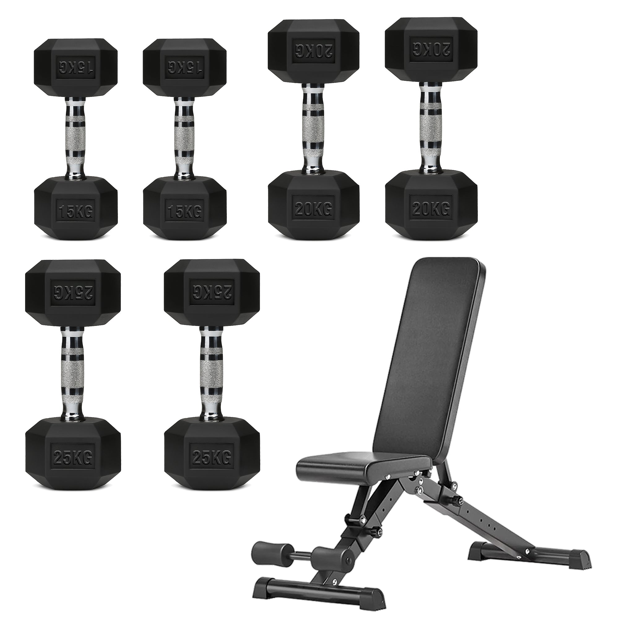 Hex Dumbbell Set with 3-Tier Tree Rack & Optional Bench – Rubber Coated Anti-Roll Weights for Home Gym