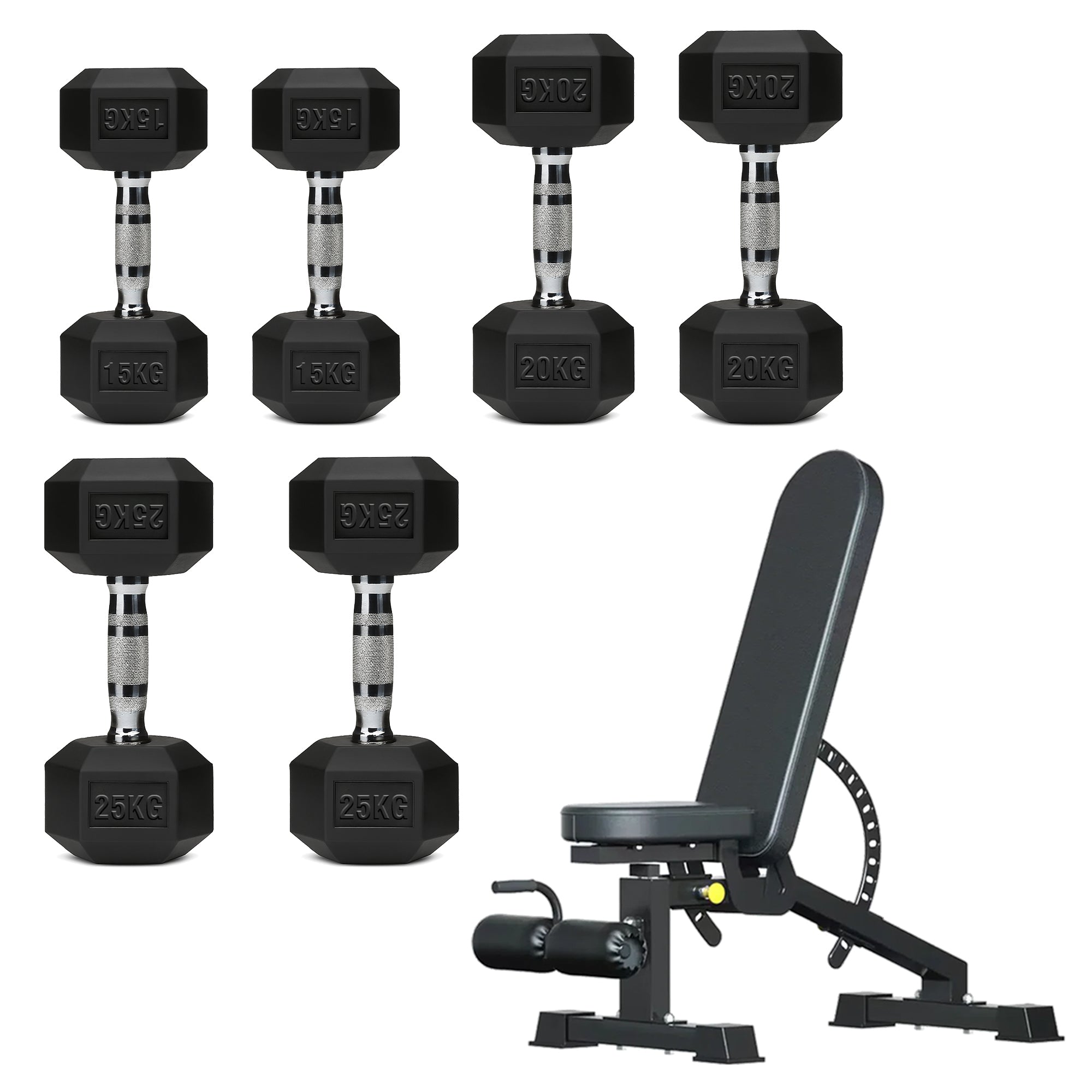 Hex Dumbbell Set with 3-Tier Tree Rack & Optional Bench – Rubber Coated Anti-Roll Weights for Home Gym