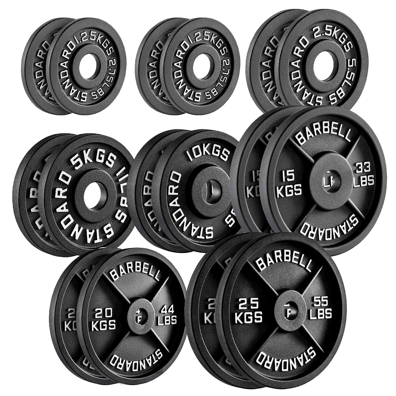 Cast Iron Weight Plates Set and Pair with Olympic Barbell + Clips
