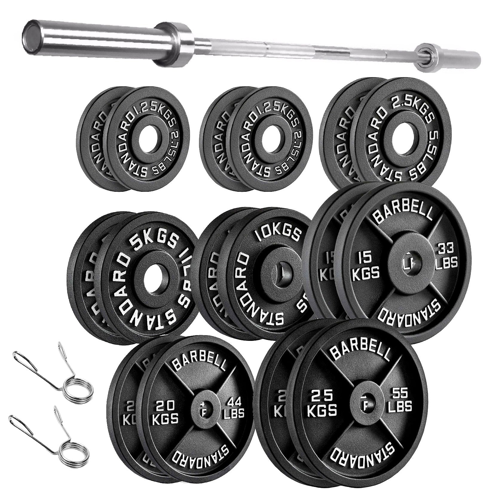 Cast Iron Weight Plates Set and Pair with Olympic Barbell + Clips
