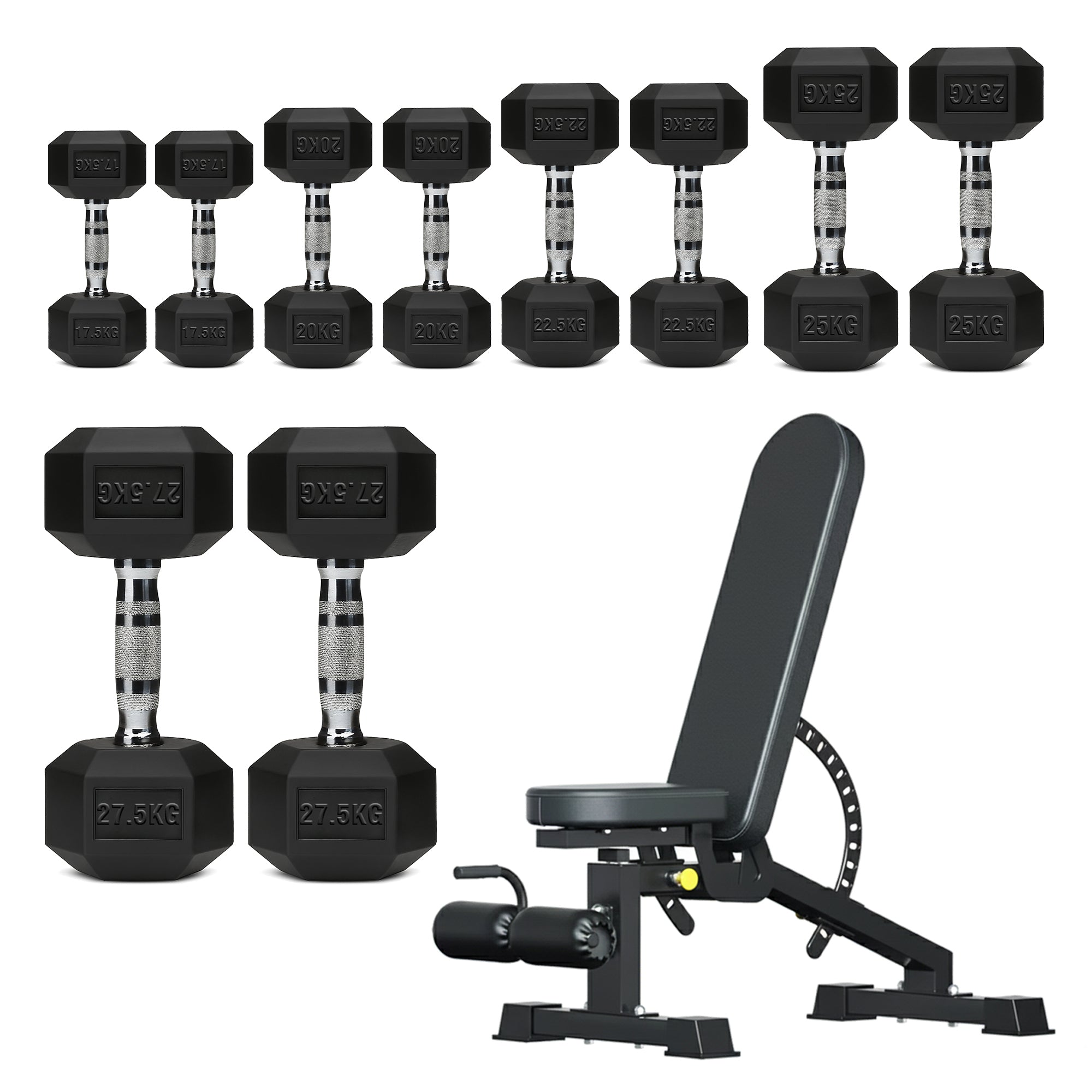 Hex Dumbbells 5 Tier Rack with or without Weights & Bench – Vertical Dumbbell Storage Stand for Home Gym