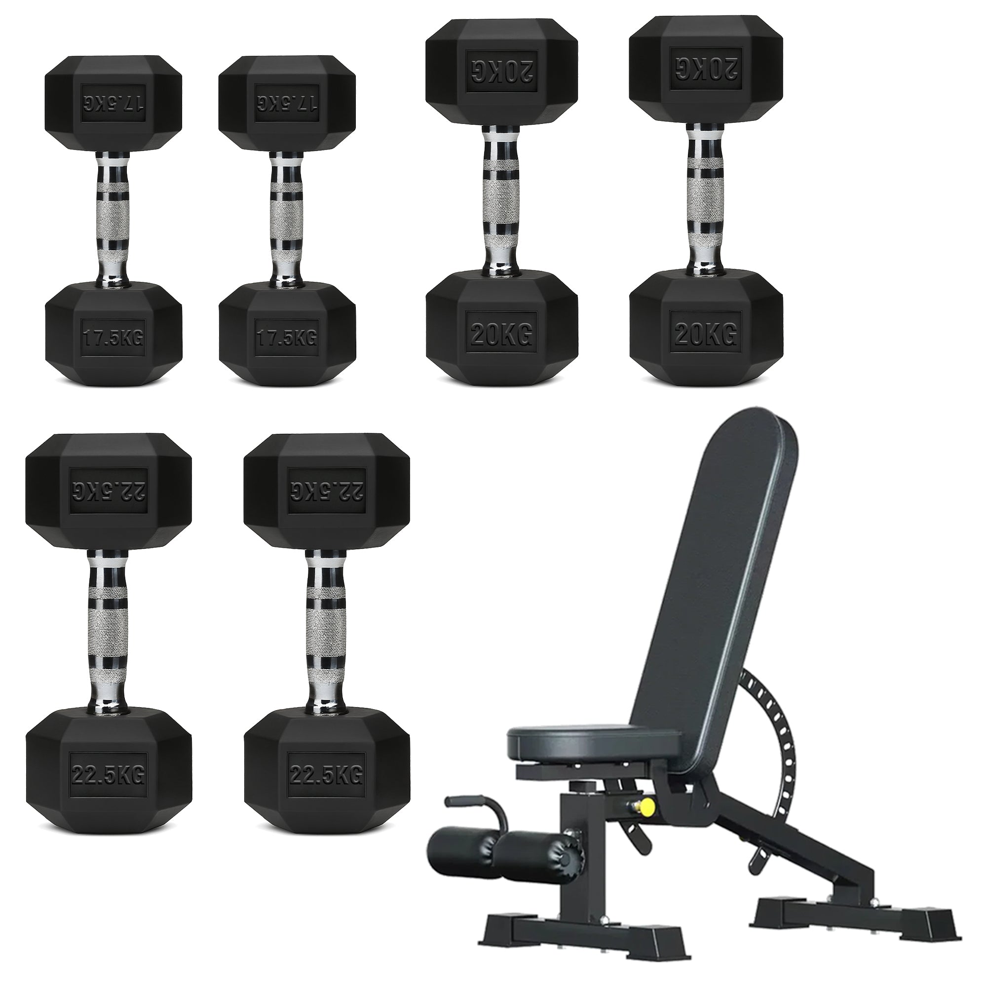 Hex Dumbbell Set with 3-Tier Tree Rack & Optional Bench – Rubber Coated Anti-Roll Weights for Home Gym