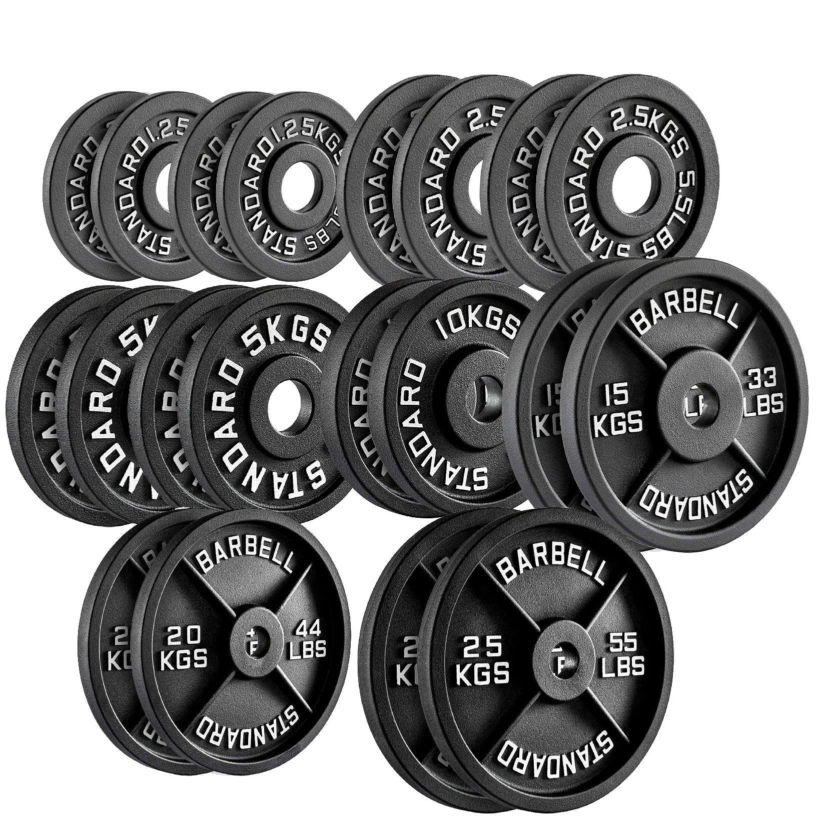 Cast Iron Weight Plates Set and Pair with Olympic Barbell + Clips