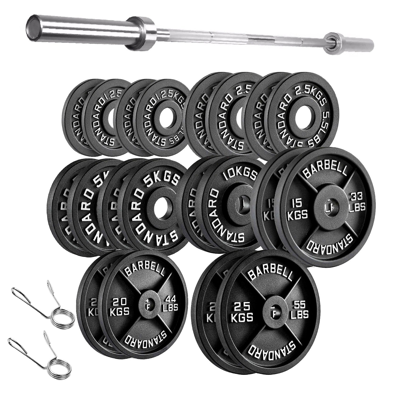 Cast Iron Weight Plates Set and Pair with Olympic Barbell + Clips