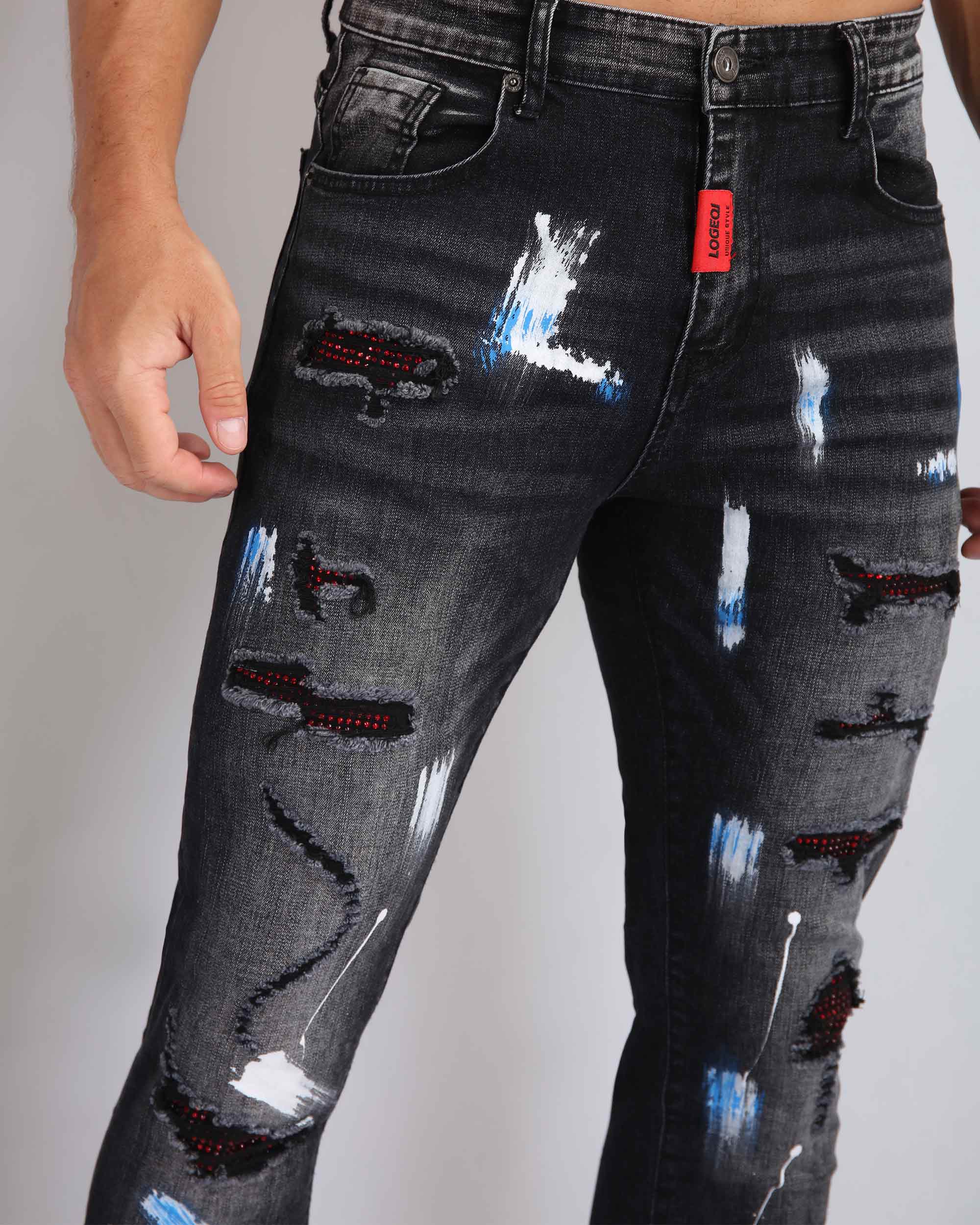 Ripped Black Jeans with Graffiti Paint Drawing - The Rising Fenix