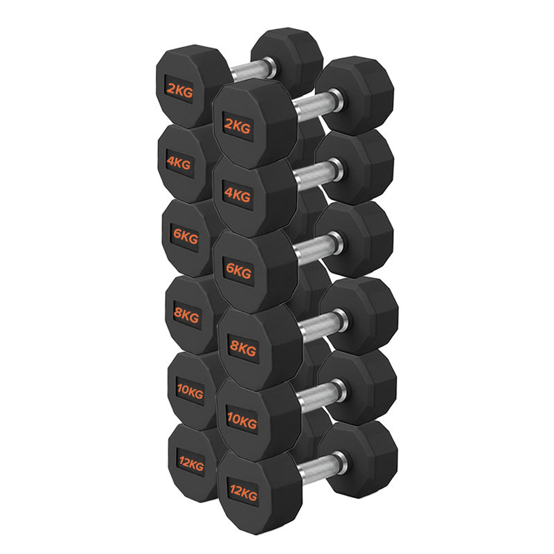 Hex Dumbbells Pairs & Sets (2kg–12kg) – Rubber Coated, Anti-Roll, With & Without Rack for Home Gym