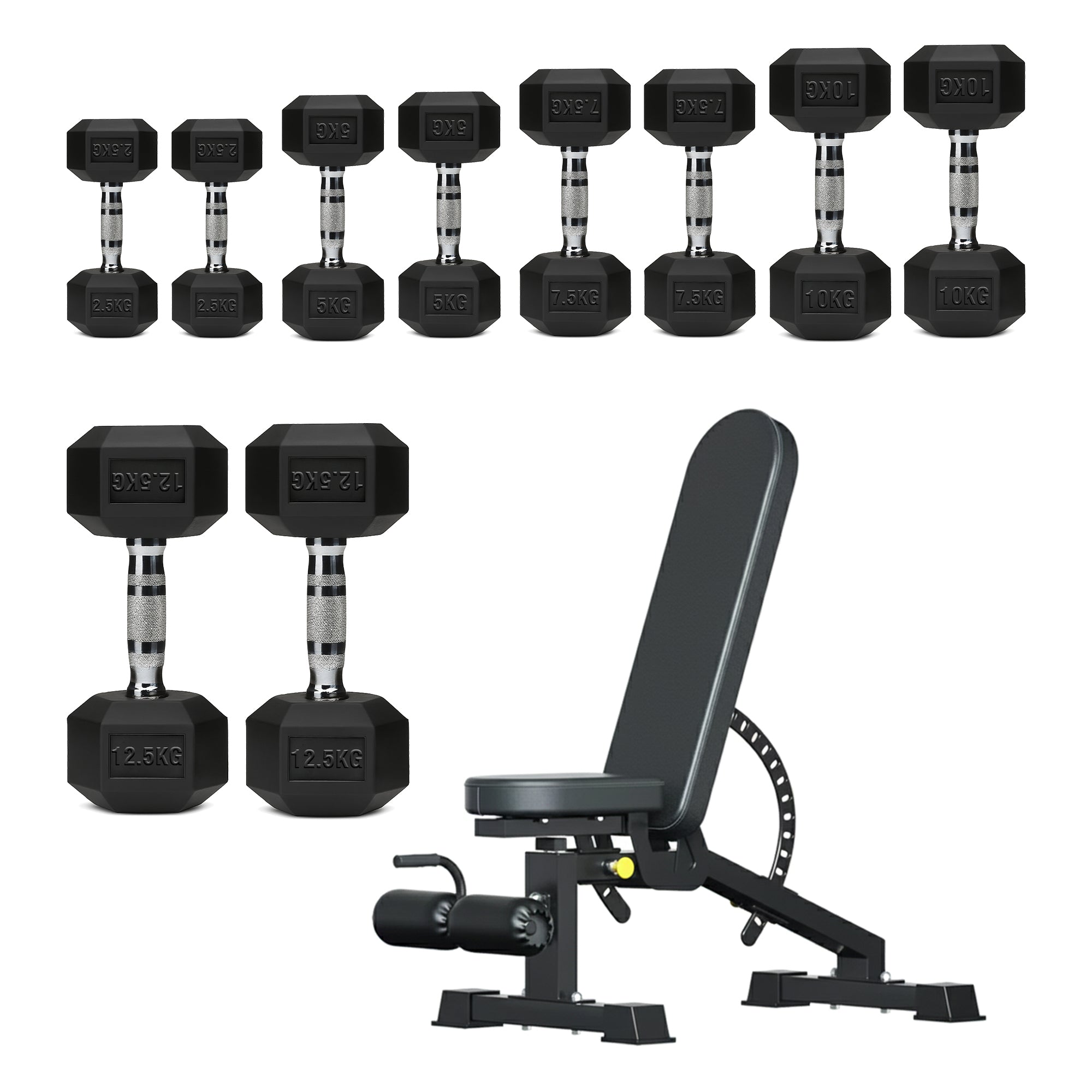 Hex Dumbbells 5 Tier Rack with or without Weights & Bench – Vertical Dumbbell Storage Stand for Home Gym