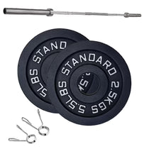 Cast Iron Weight Plates Set and Pair with Olympic Barbell + Clips