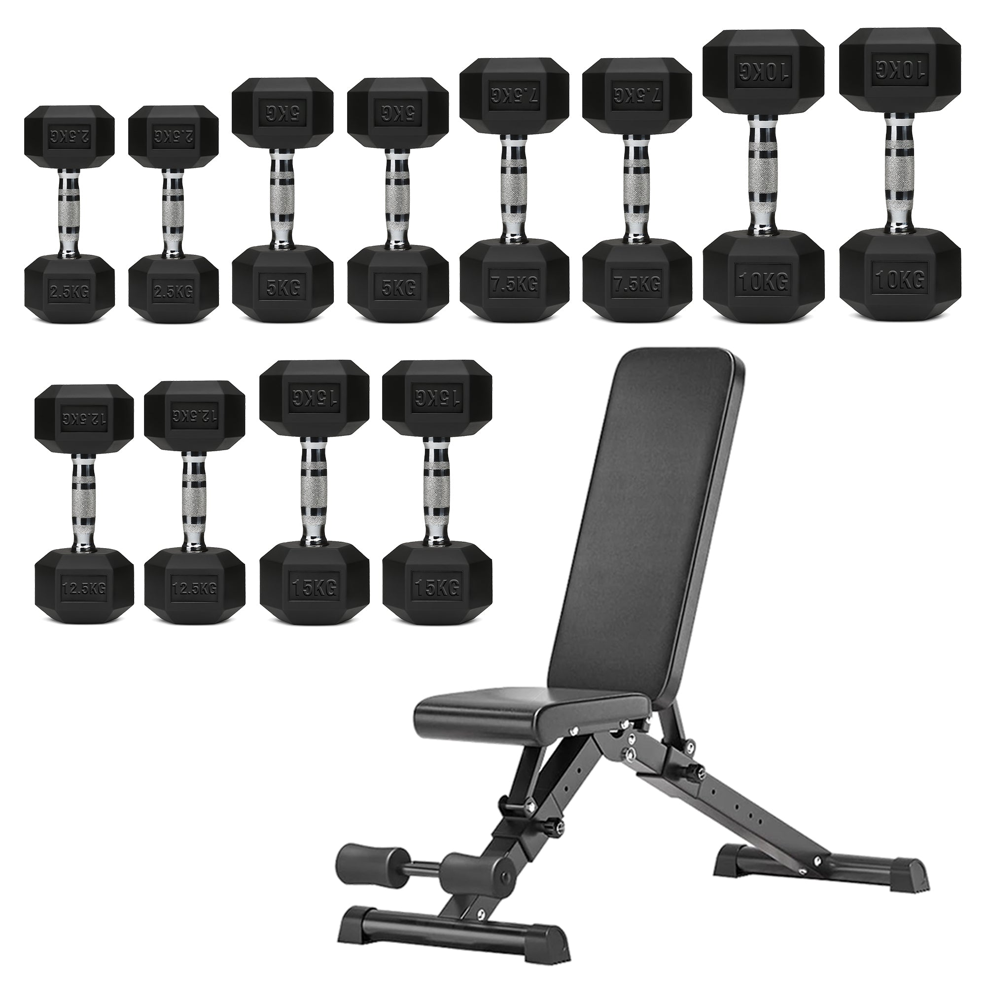 Hex Dumbbells 6 Tier Rack with or without Weights & Bench – Vertical Dumbbell Storage Stand for Home Gym (2.5kg–30kg)