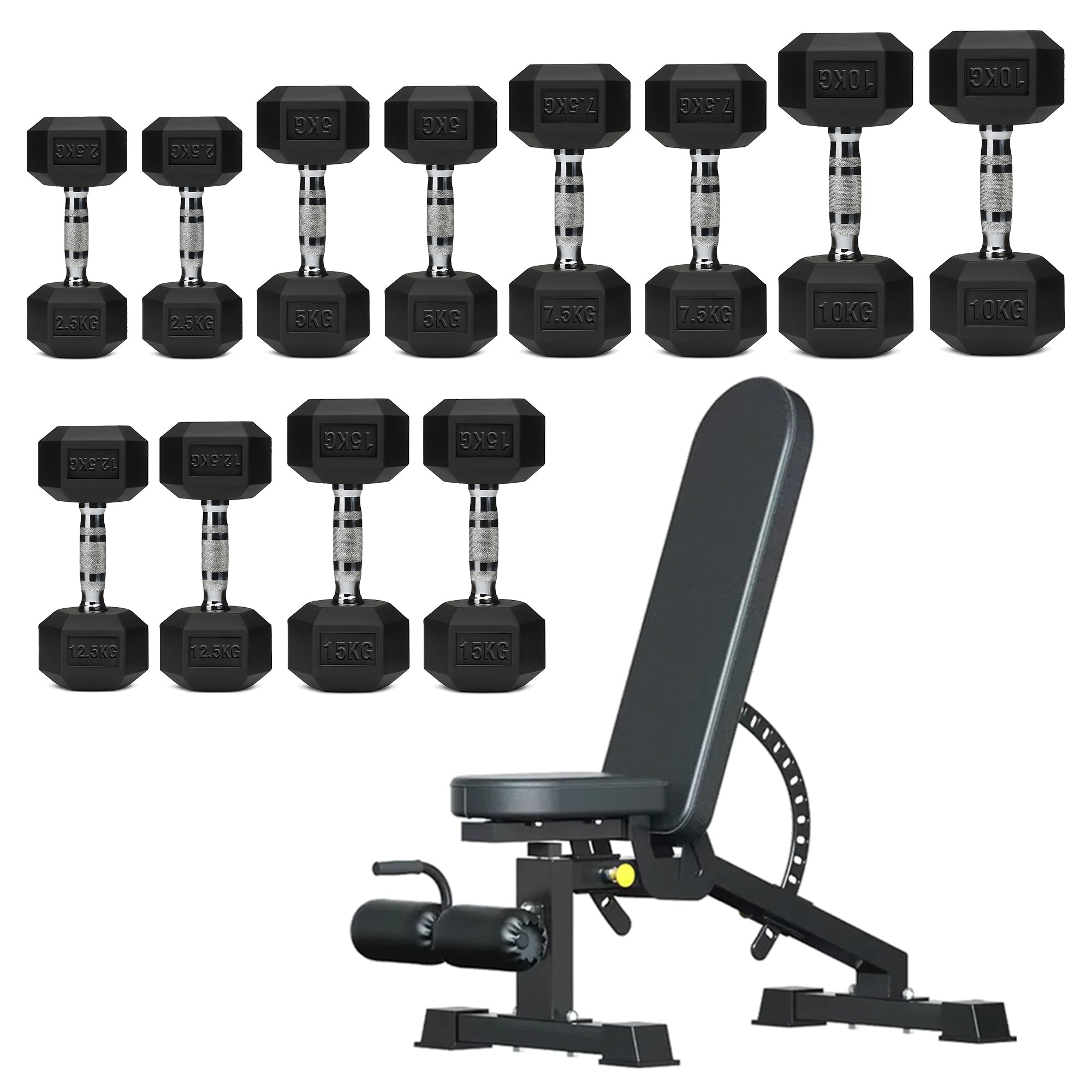 Hex Dumbbells 6 Tier Rack with or without Weights & Bench – Vertical Dumbbell Storage Stand for Home Gym (2.5kg–30kg)