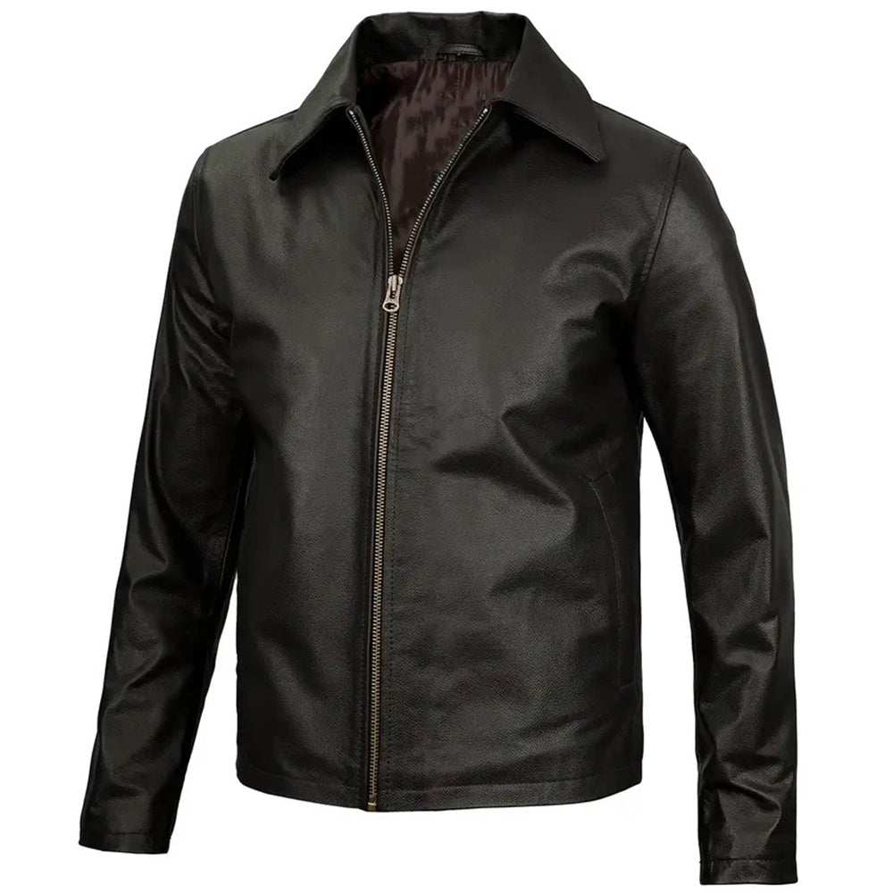 Men's Vintage Harrington Leather Jacket with Shirt Collar | Black - The Rising Fenix