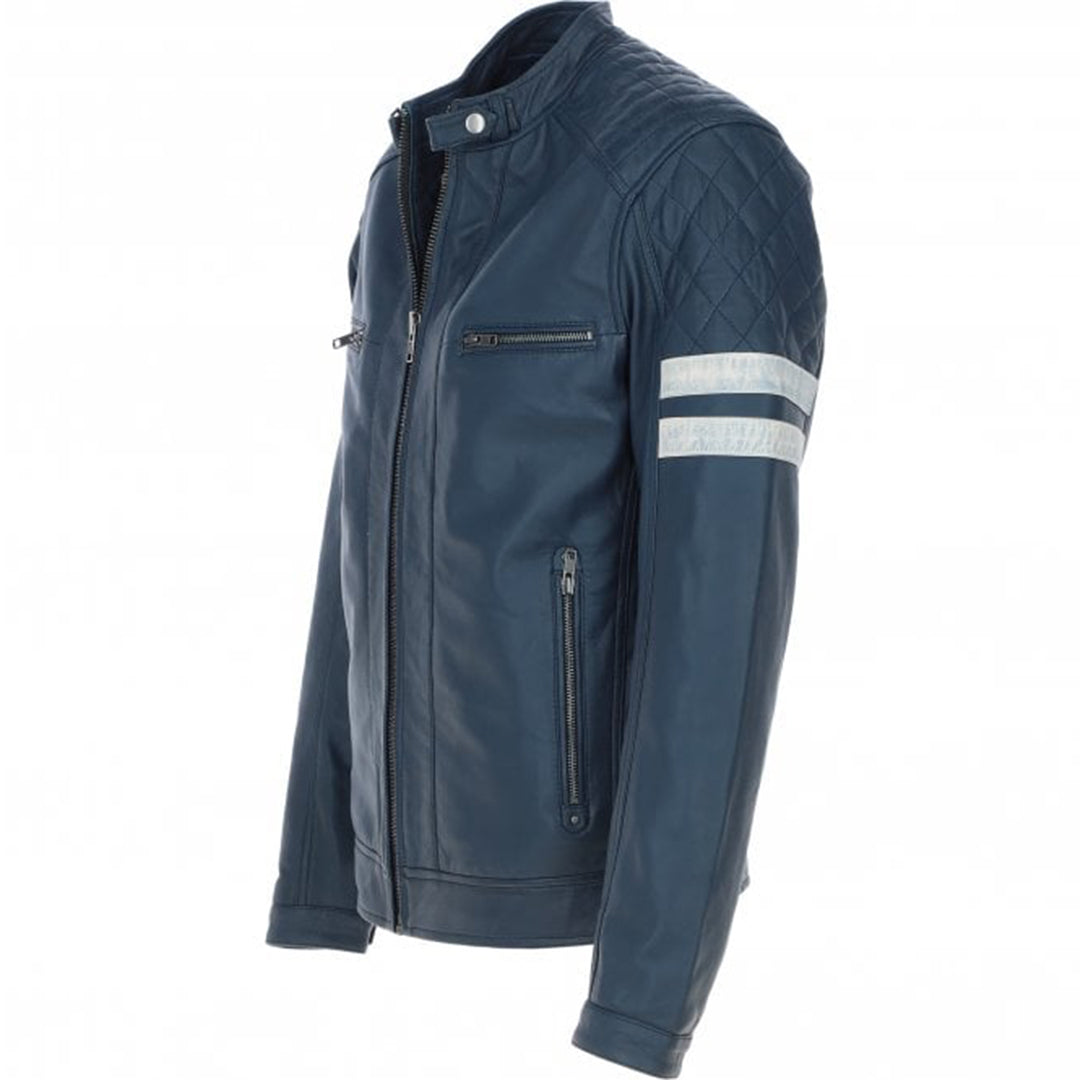 Men's Leather Motorcycle Jacket with Quilted Shoulder & White Stripes | Blue & Black - The Rising Fenix