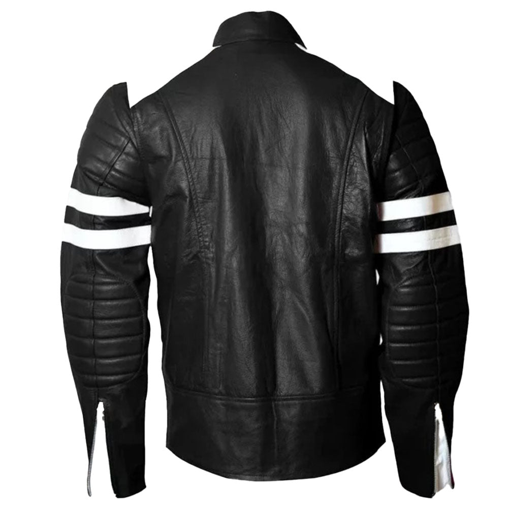 Men's Retro Cafe Racer Leather Jacket, Classic Fit, with White Stripes | Black - The Rising Fenix