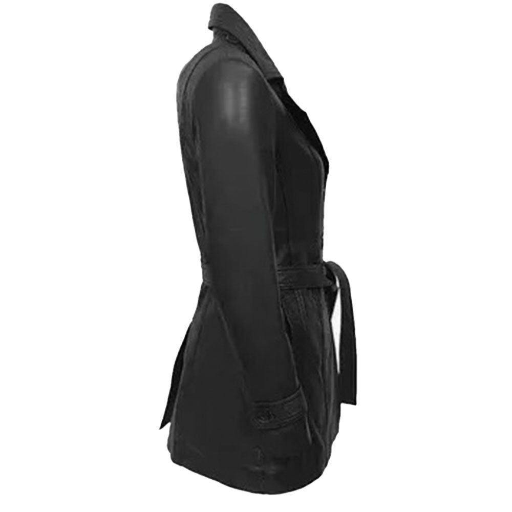 Women's 3/4 Length Leather Coat | Black - The Rising Fenix