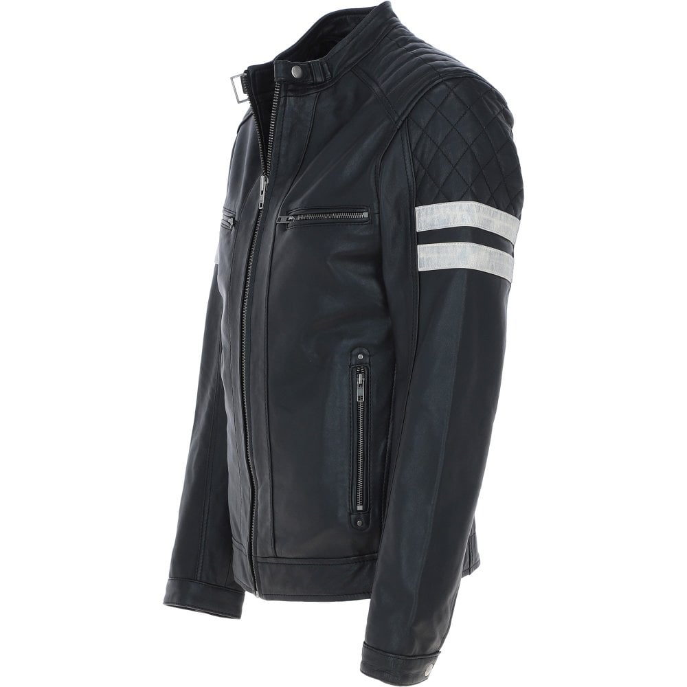 Men's Motorcycle Leather Jacket  Quilted Shoulders, Full Zip | Black & Blue - The Rising Fenix