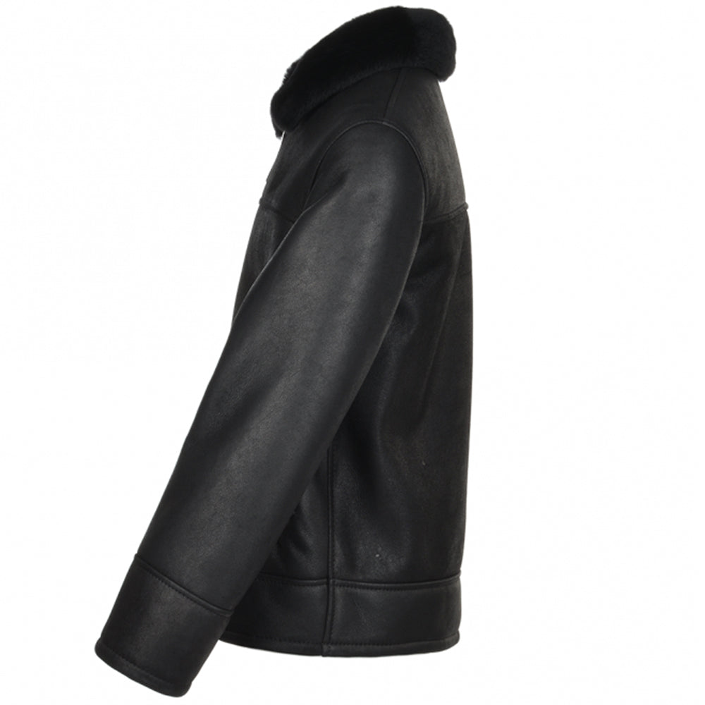 Men's Sheepskin Genuine Leather Jacket with Fur Collar | Black - The Rising Fenix