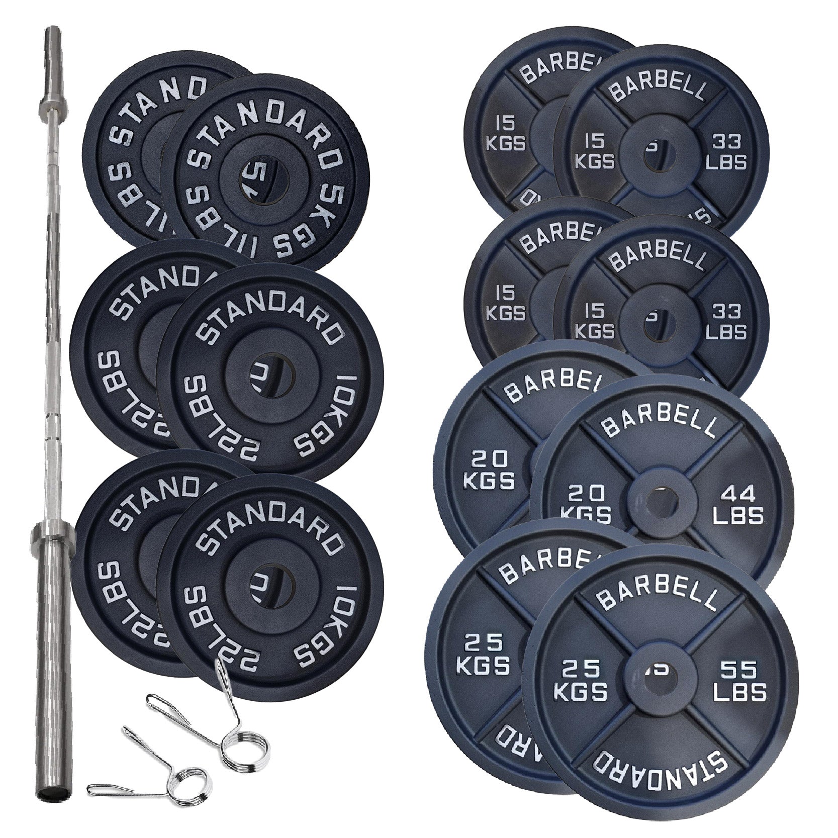 Cast Iron Weight Plates Set and Pair with Olympic Barbell + Clips