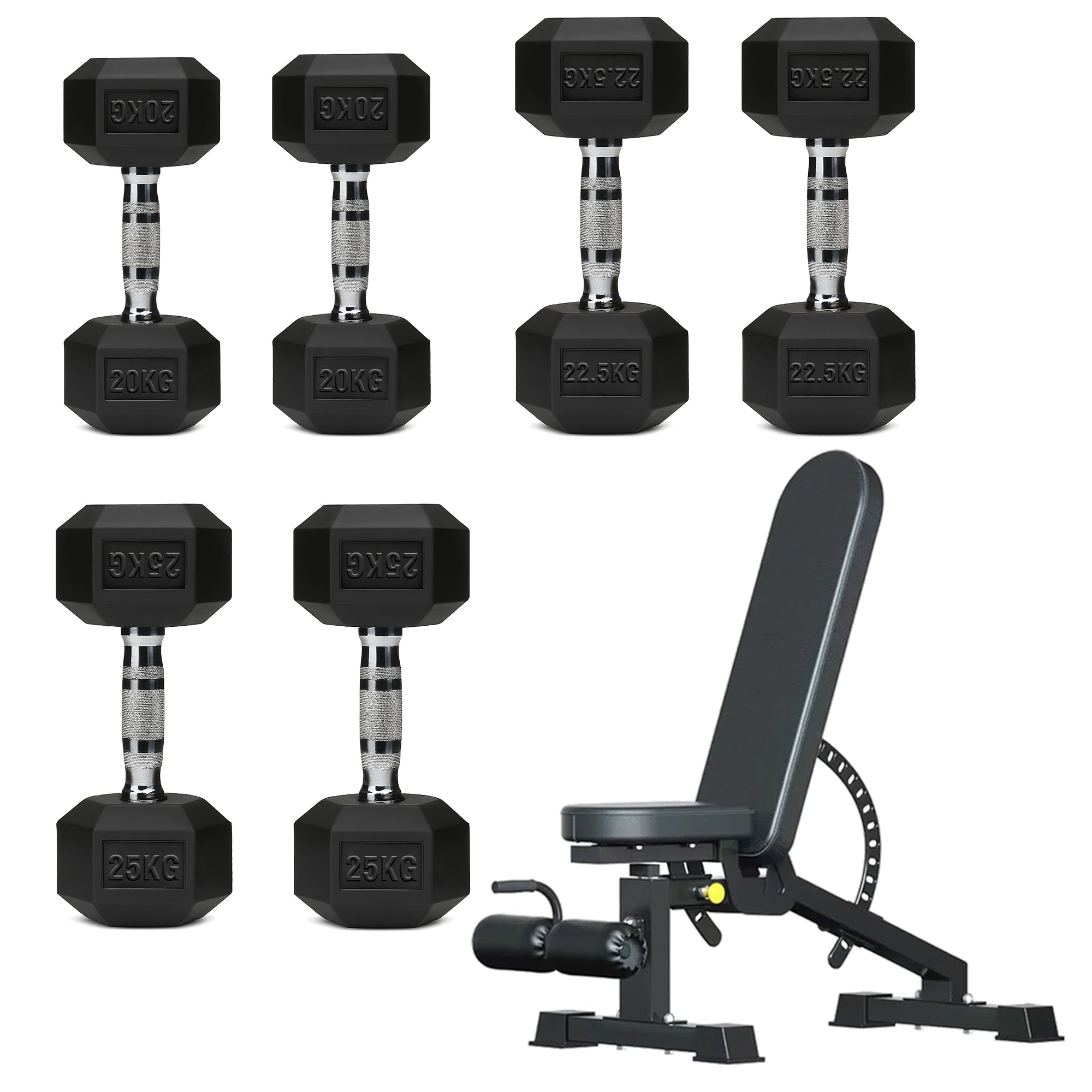 Hex Dumbbell Set with 3-Tier Tree Rack & Optional Bench – Rubber Coated Anti-Roll Weights for Home Gym
